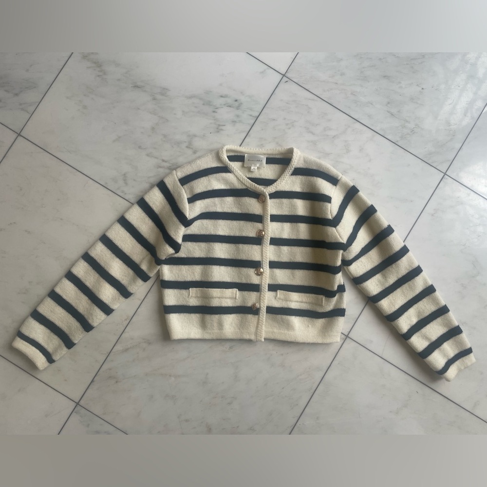 Line & Dot Striped Cropped Cardigan Sweater - Cream and Blue XS